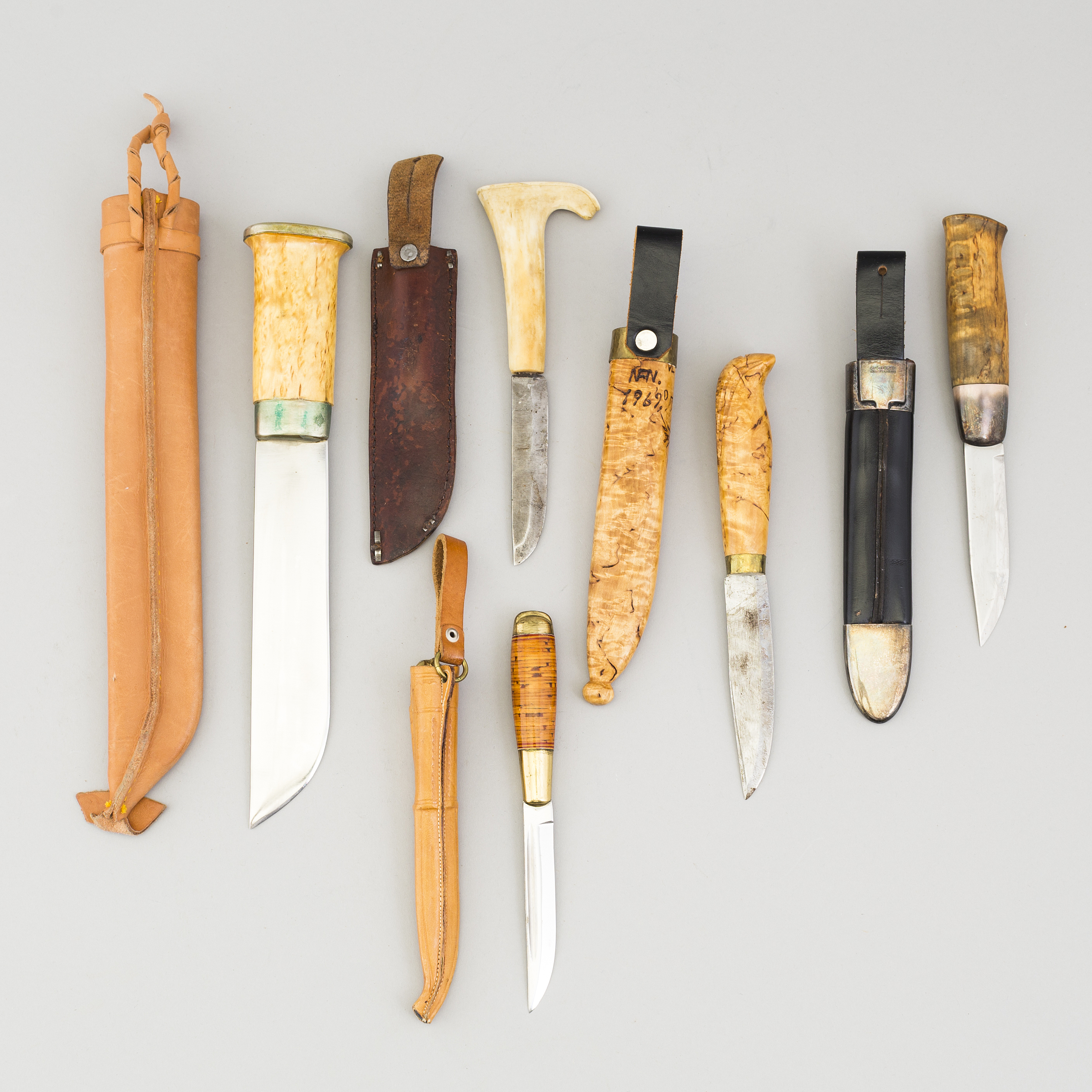 Five knives, one by Janne Marttiini from Rovaniemi in Finland, 20th
