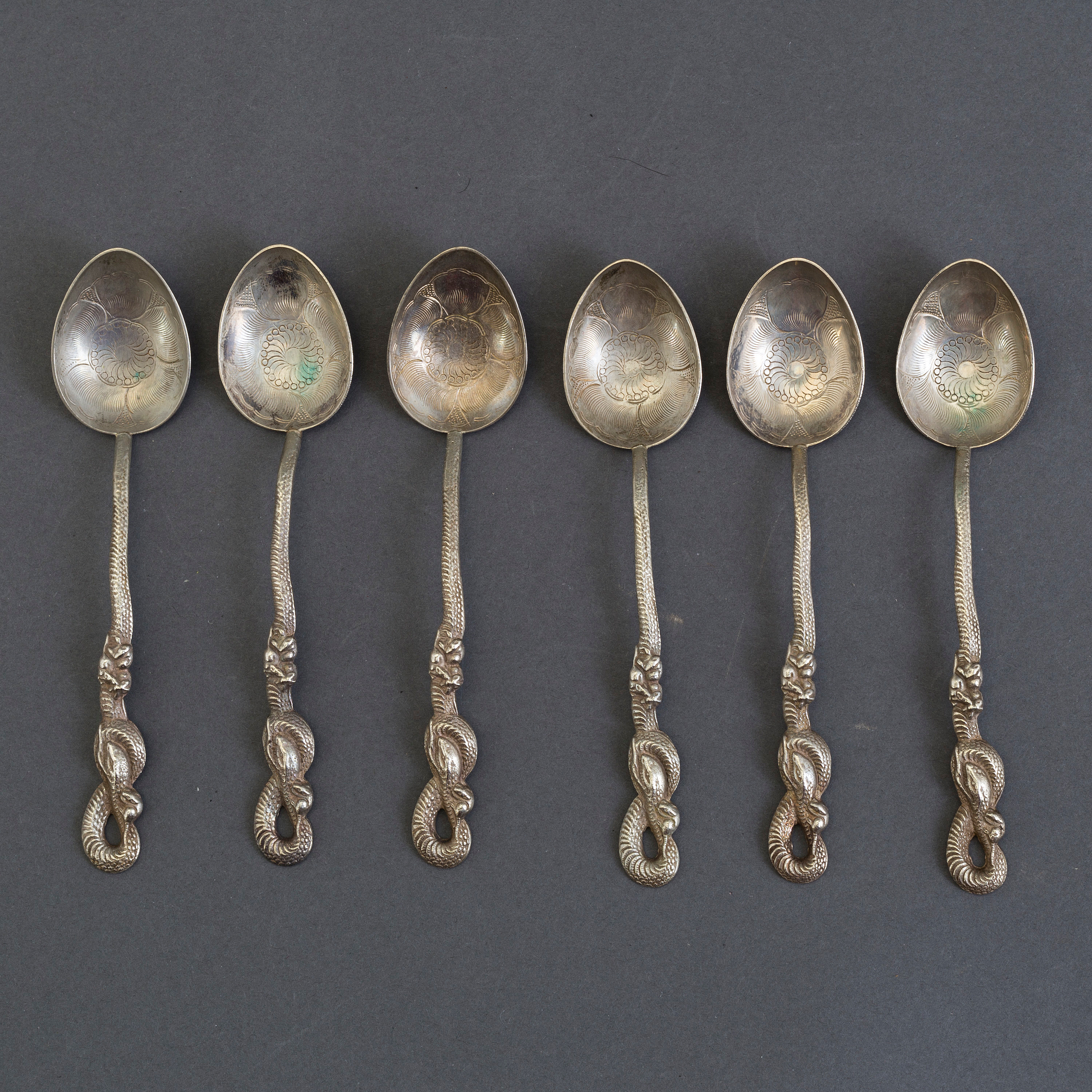 Six old Nagasaki Japanese low halt silver spoons, early 20th century