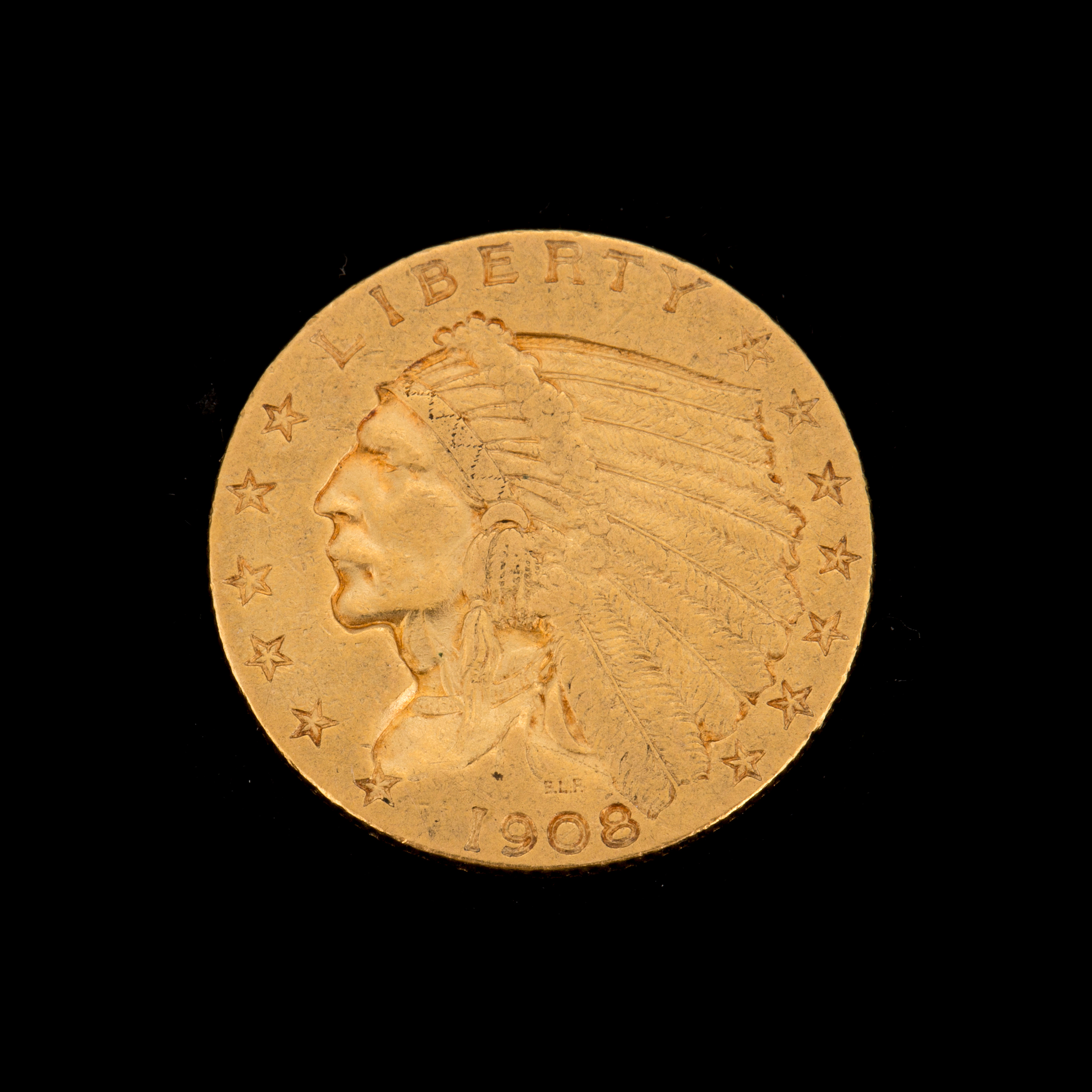 2,5 dollars Liberty gold coin from 1908. Weight ca 4 grams. Bukowskis