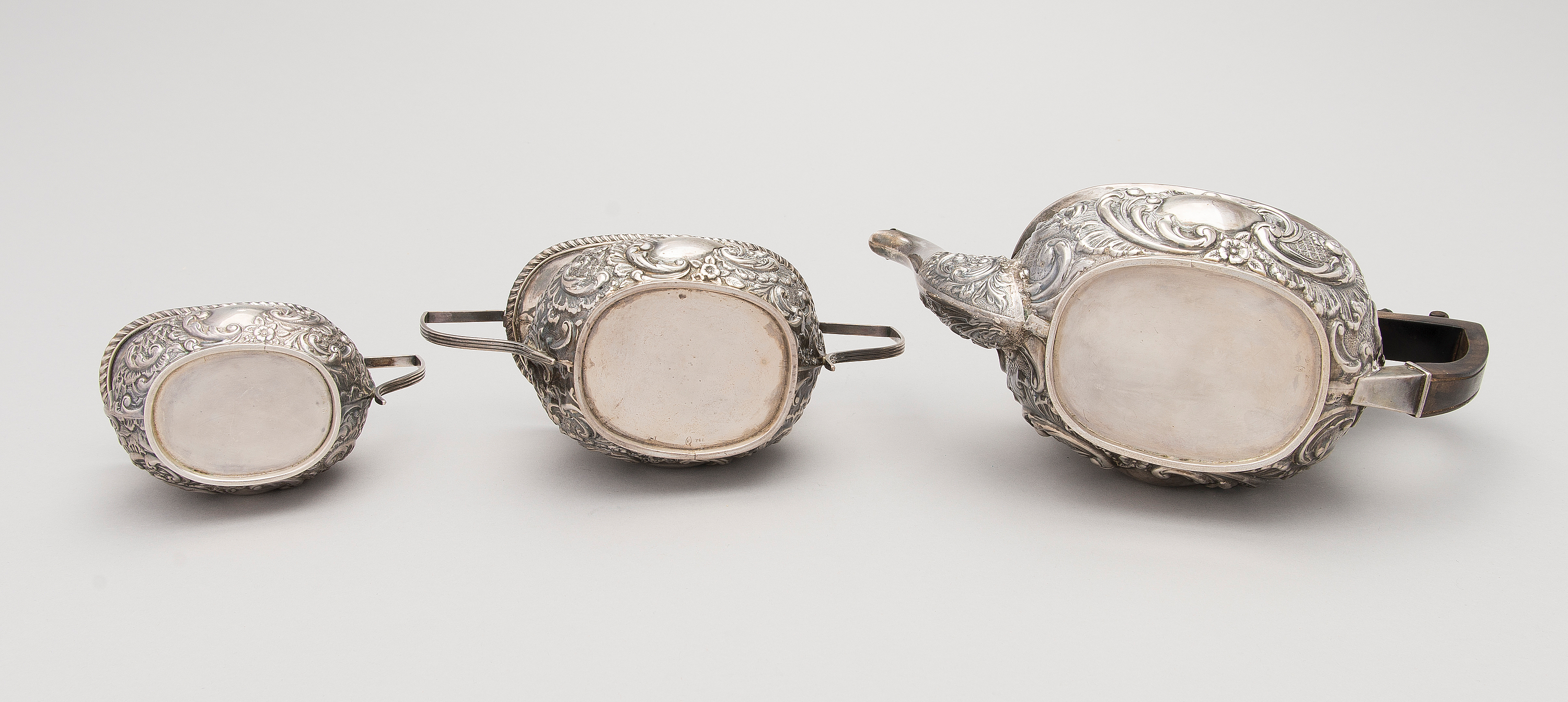 A 3piece tea set in sterling silver, mark of JW, Birmingham, England