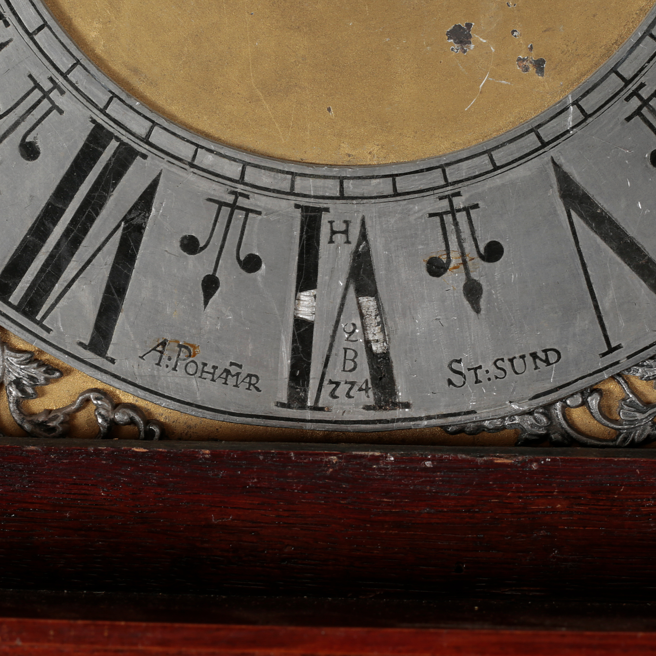 A grandfather clock, dial marked "H, APolhammar, StSund", 1755